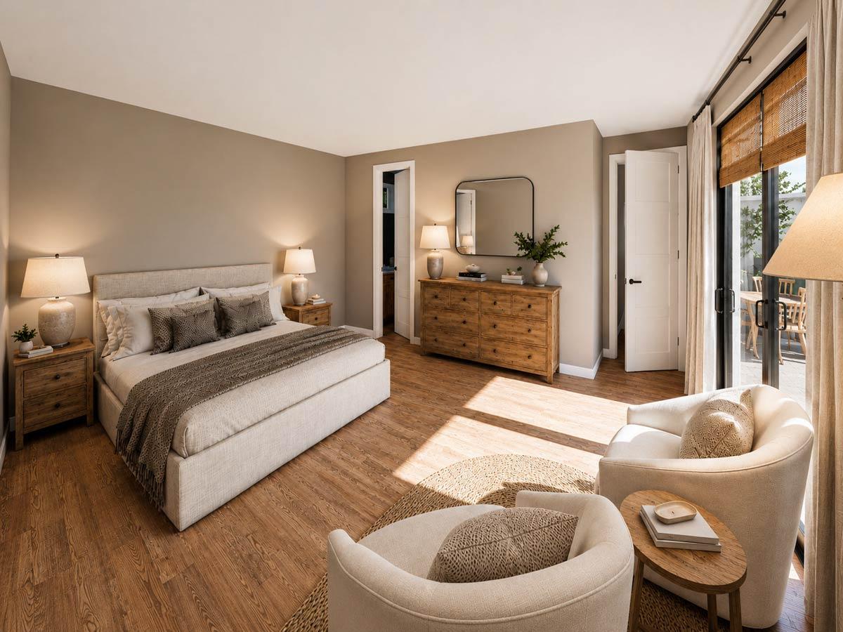 Primary bedroom with king bed, two nightstands, dresser, armchair seating, and sliding glass doors to patio.
