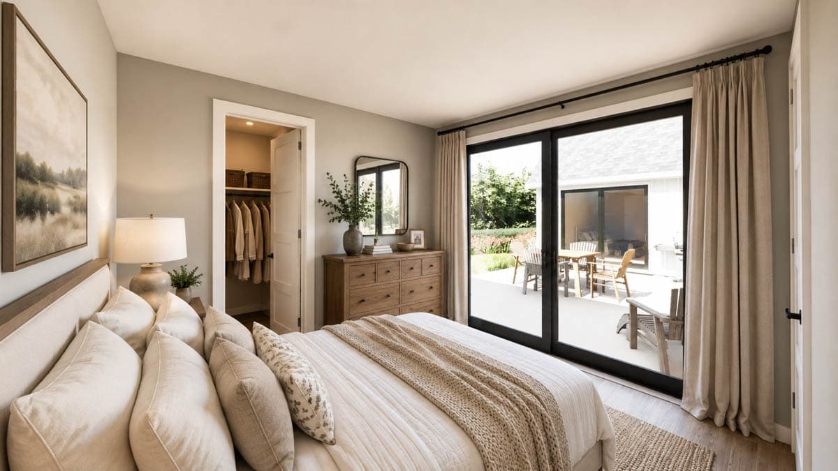 Primary bedroom with walk-in closet, dresser, and sliding glass doors opening to a patio with outdoor seating.