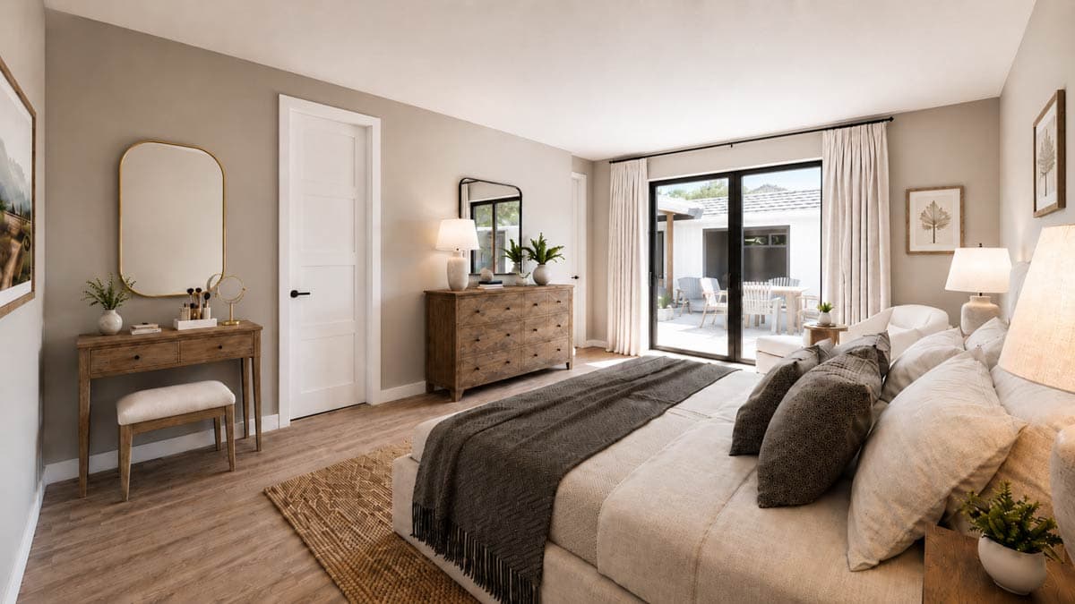 Primary bedroom with king bed, vanity, dresser, and sliding glass doors opening to a patio with outdoor dining.