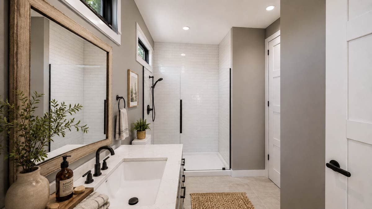 Modern bathroom with white subway tile shower, double vanity, and matte black fixtures.