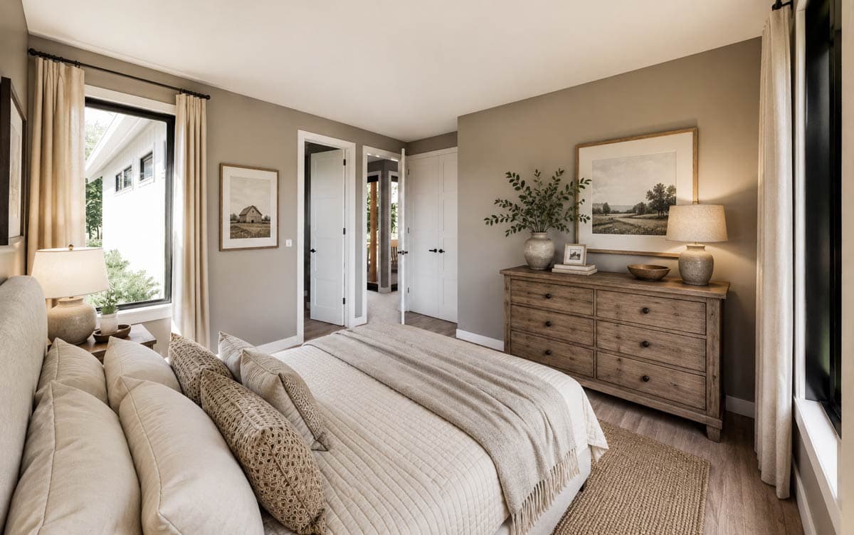 Bedroom rendering with double doors, dresser, large window with natural light, and textured bedding.