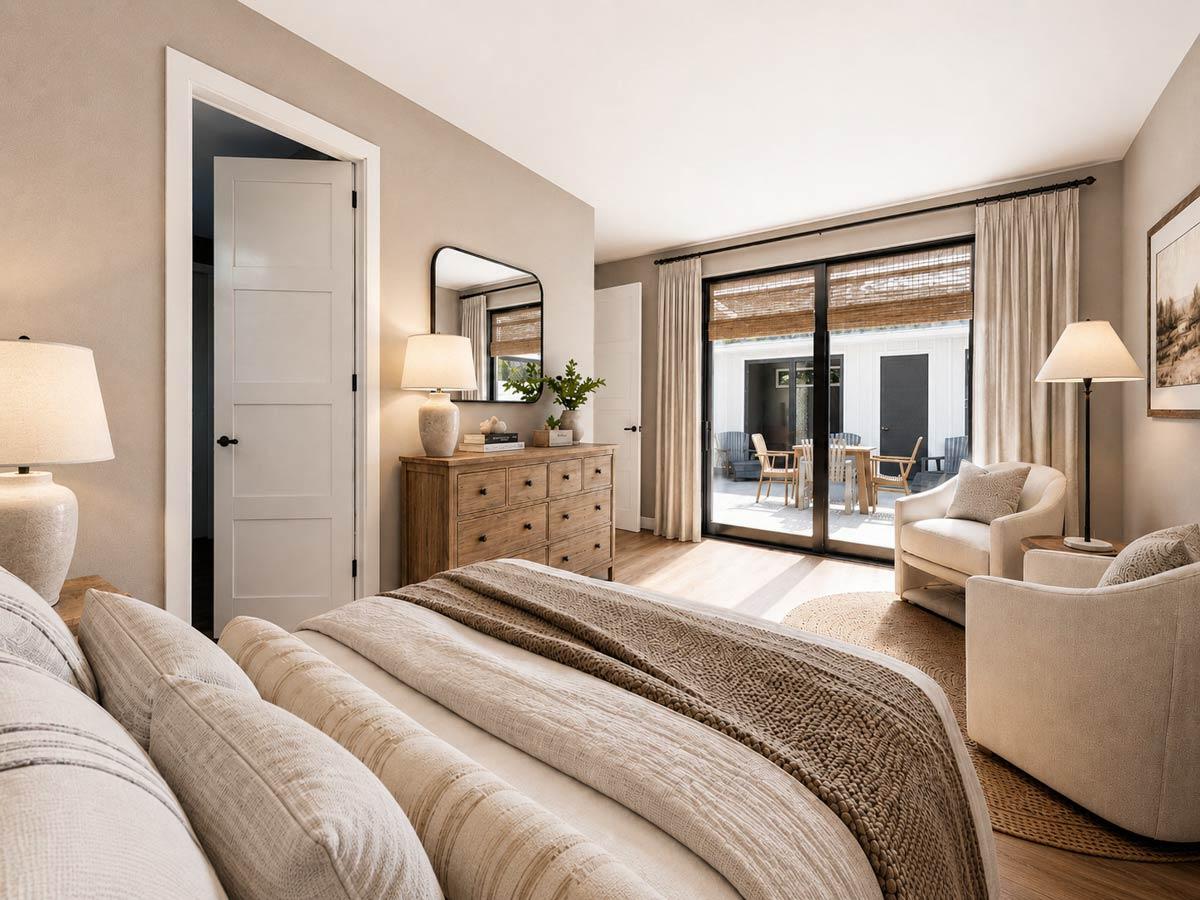 Bedroom interior with large sliding glass doors to patio, dresser with mirror, and two accent chairs.