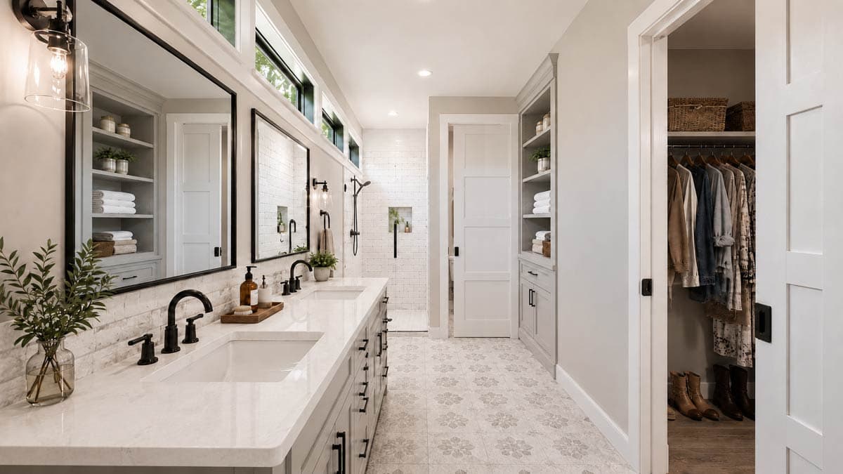 Bathroom with double vanity, tiled shower, built-in shelving, and walk-in closet with clothing.