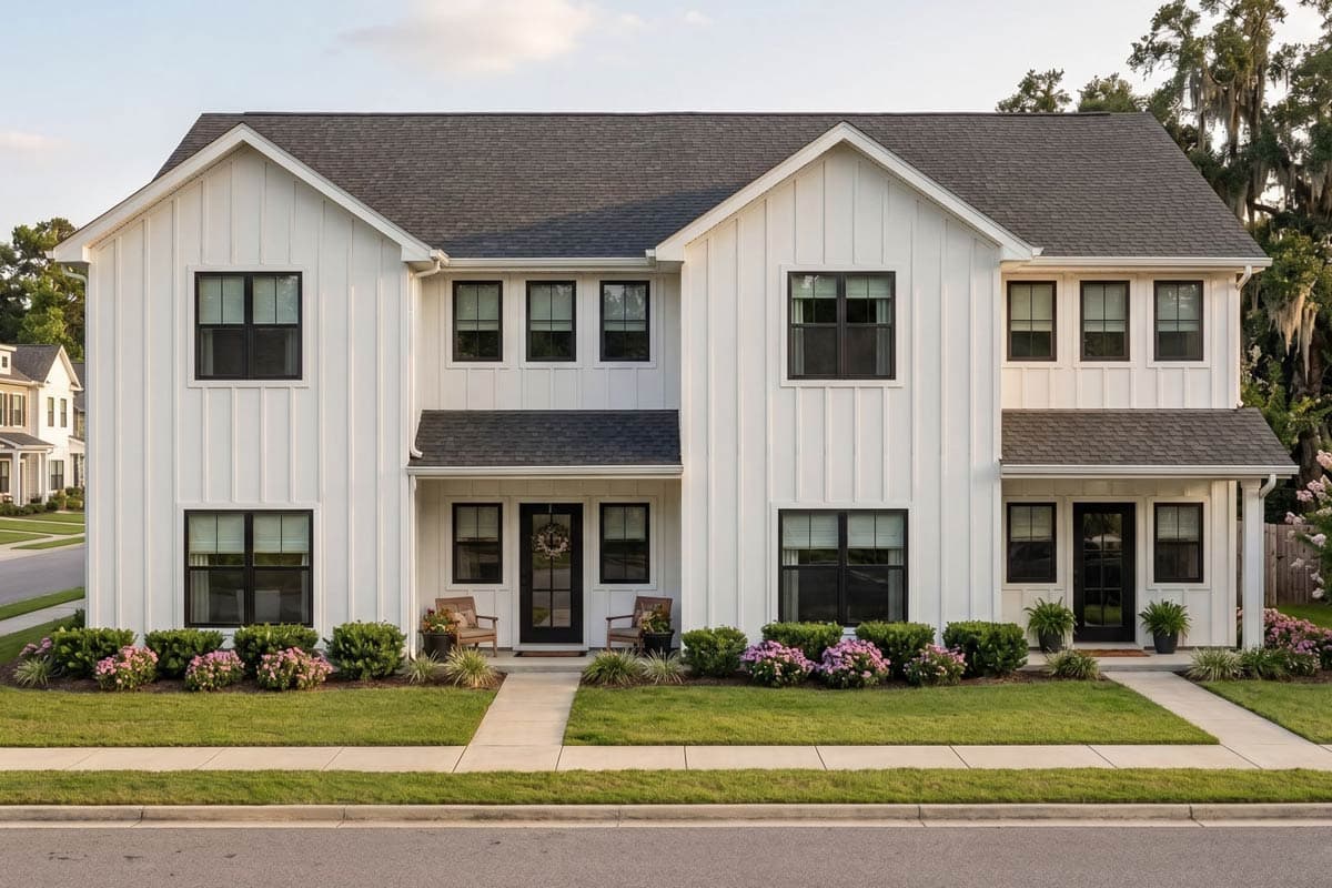 Modern Farmhouse house plan exterior, two stories, white board and batten siding, gabled roofs, and covered porches.