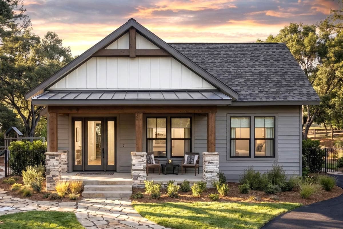 House plan exterior: Craftsman style, one story, with covered porch, stone pillars, and timber accents.
