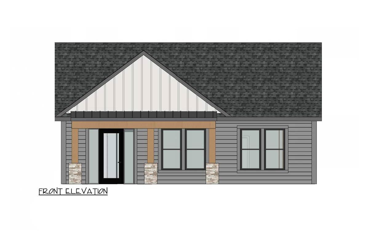 Front elevation drawing of a one-story house plan with a covered porch, gabled dormer, and lap siding.