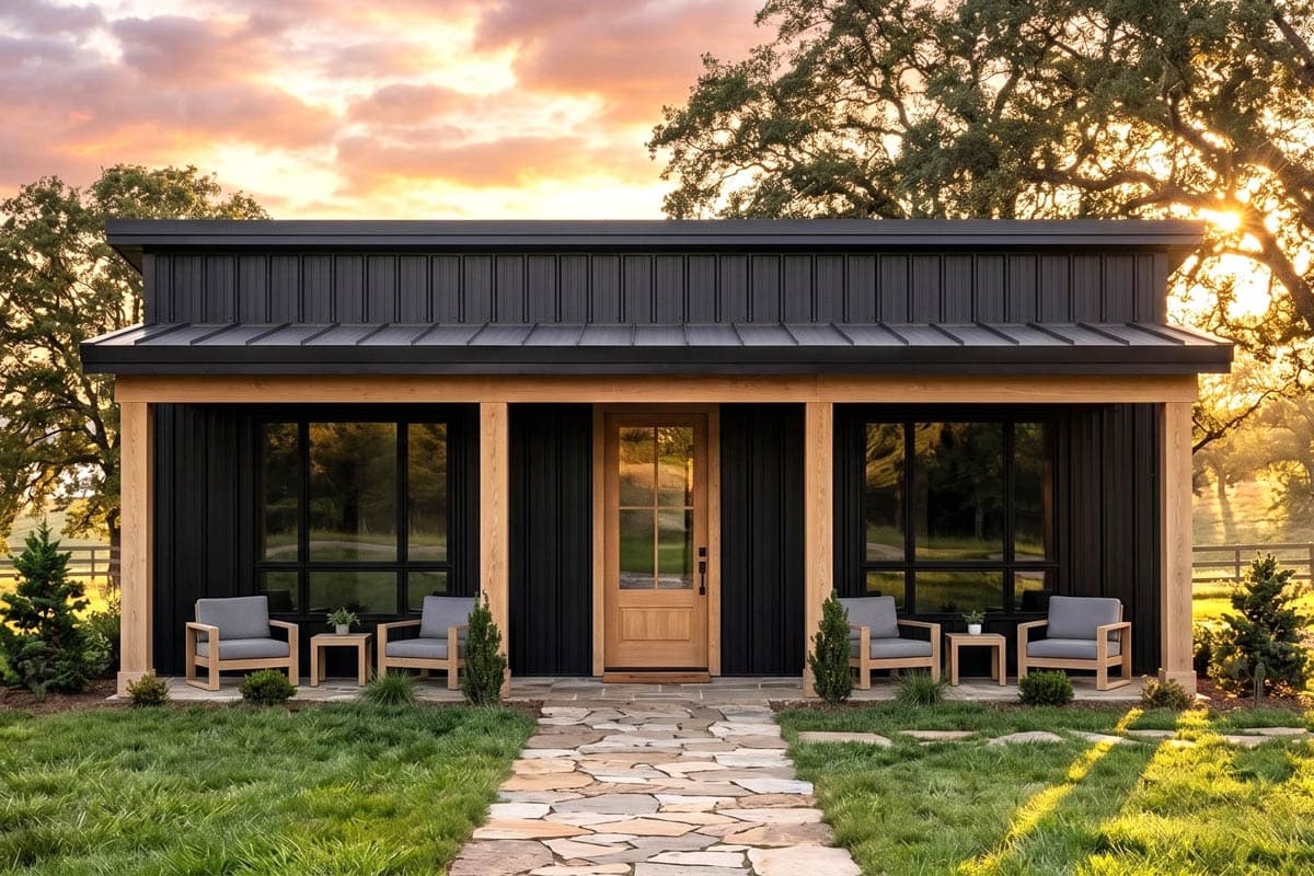 Plan 420193WNT: Modern ADU Barndominium House Plan with 821 Square Feet and Flexible Layout - Image #1 - Barndominium, Cabin, Contemporary, Modern