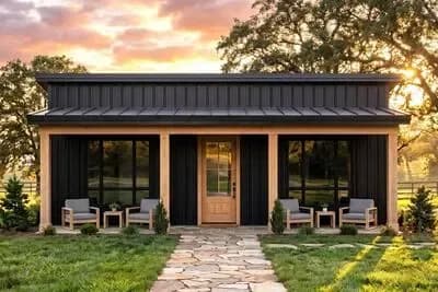 Modern ADU Barndominium House Plan with 821 Square Feet and Flexible Layout