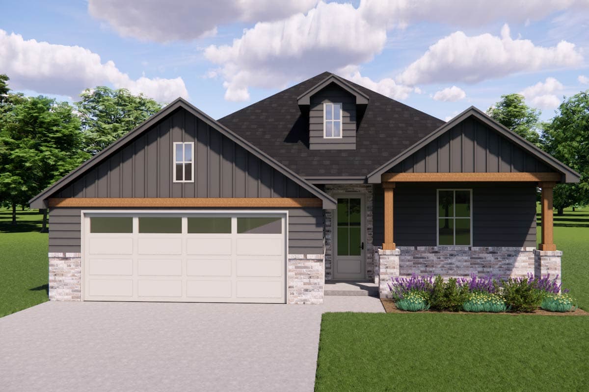 House plan exterior with a prominent gable, dormer, and wood-accented covered entry. Features a two-car garage.
