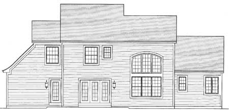House plan exterior elevation drawing showing a two-story structure with a prominent arched window and double doors.