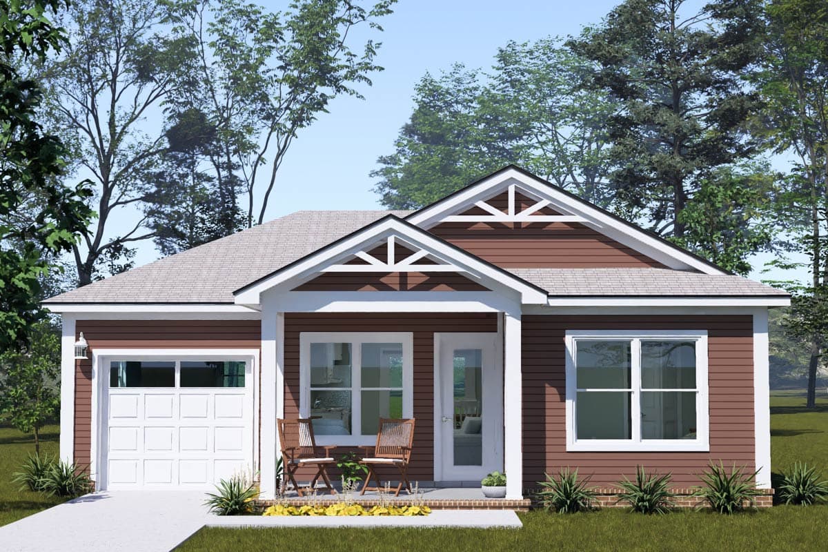 Plan 52558WM: Cozy Two Bedroom Cottage House Plan with Attached One Car Garage - Image #1 - Cottage, Country, Craftsman, Traditional