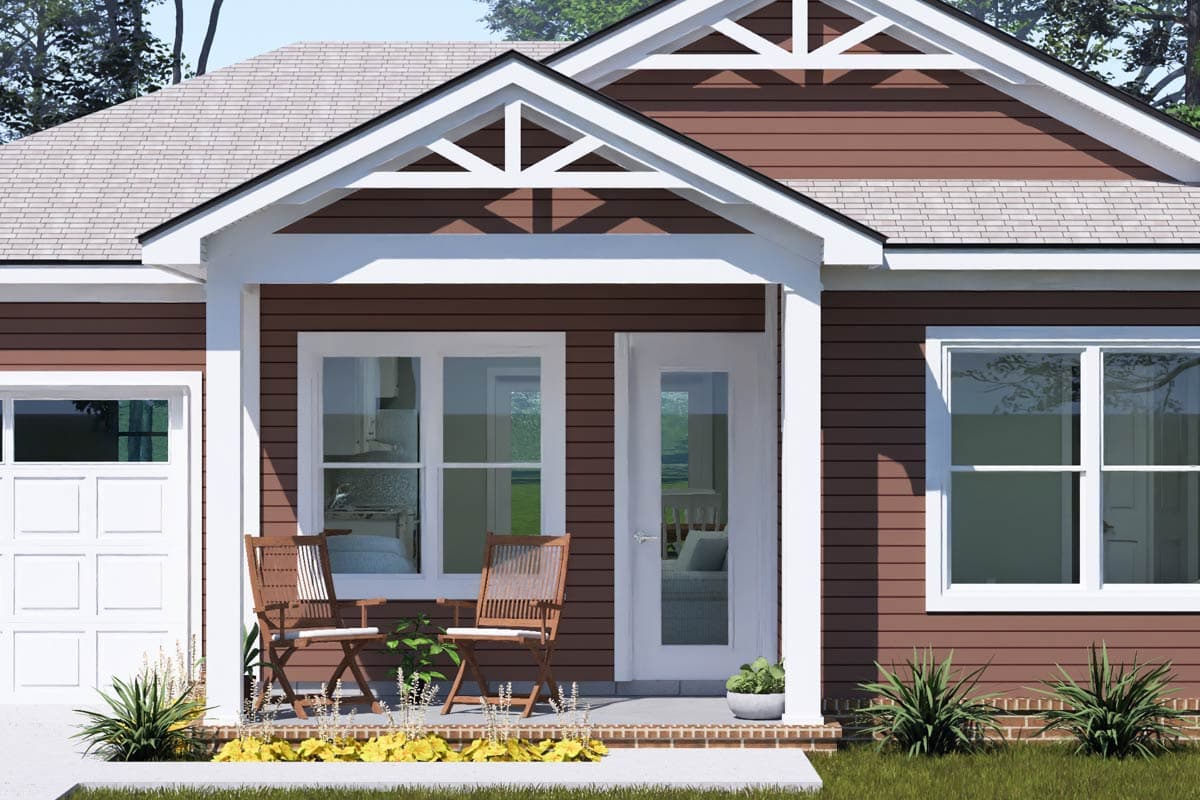 Plan 52558WM: Cozy Two Bedroom Cottage House Plan with Attached One Car Garage - Image #2 - Cottage, Country, Craftsman, Traditional