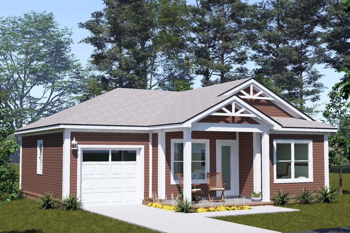 Plan 52558WM: Cozy Two Bedroom Cottage House Plan with Attached One Car Garage - Image #3 - Cottage, Country, Craftsman, Traditional