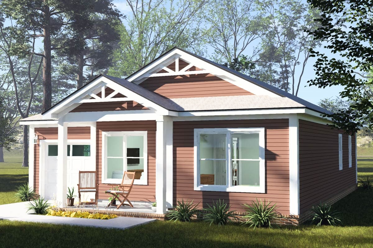 Plan 52558WM: Cozy Two Bedroom Cottage House Plan with Attached One Car Garage - Image #7 - Cottage, Country, Craftsman, Traditional