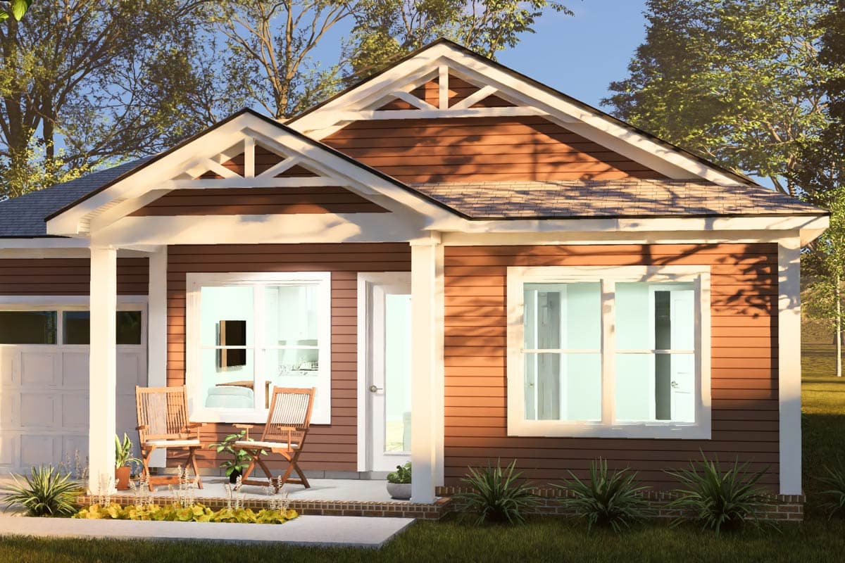 Plan 52558WM: Cozy Two Bedroom Cottage House Plan with Attached One Car Garage - Image #8 - Cottage, Country, Craftsman, Traditional