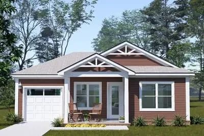 Cozy Two Bedroom Cottage House Plan with Attached One Car Garage