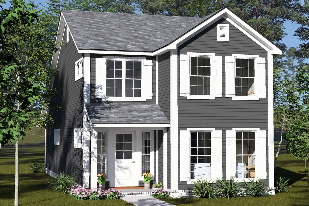 House plan exterior of a two-story home with gabled roof, central entrance, and multiple double-hung windows with shutters.