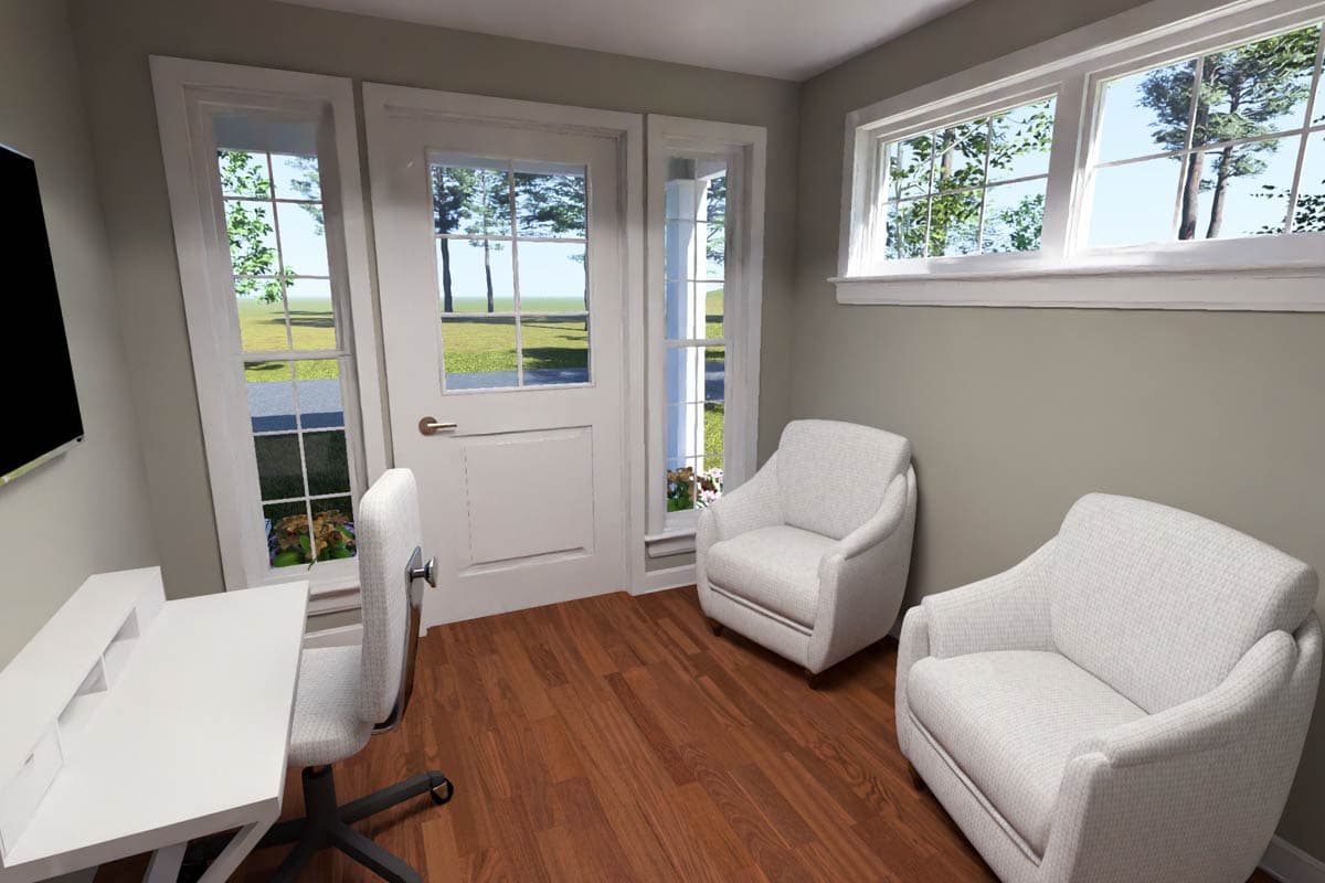 Interior rendering of a room with a desk, two chairs, a door, and three windows.
