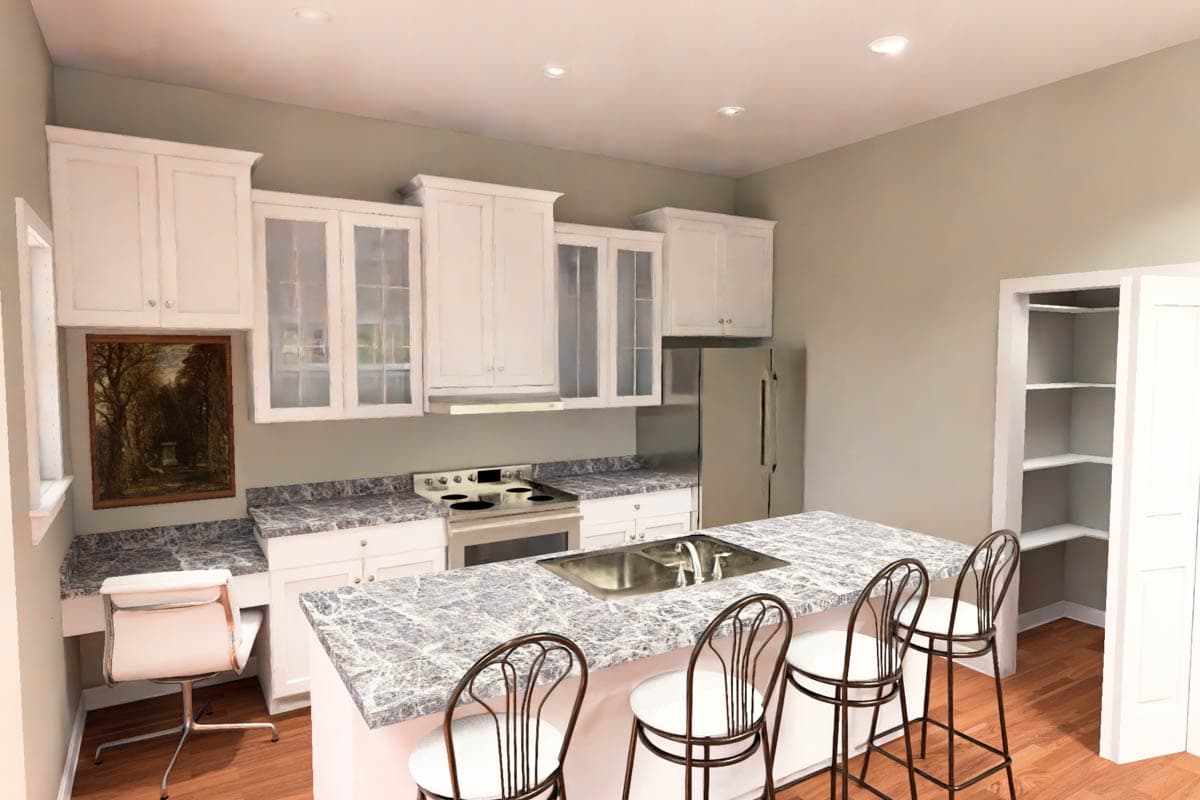 Interior rendering of a kitchen featuring white cabinets, a central island with a sink, stainless steel appliances, and a built-in desk.