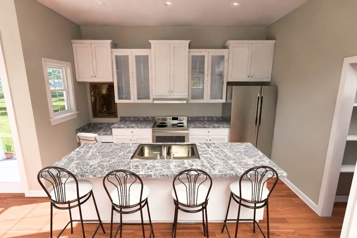 Kitchen with island, stainless steel appliances, white cabinets, and granite countertops.