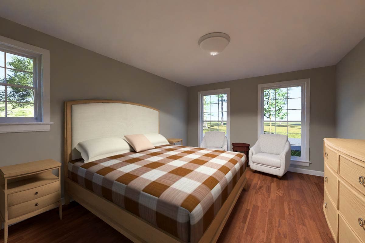 Bedroom rendering with a bed, two armchairs, nightstands, dresser, and three windows.