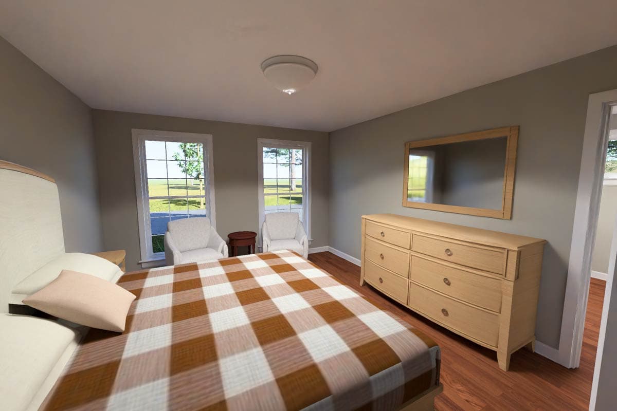 Bedroom with bed, two windows, dresser, and mirror. Shows wood flooring and a ceiling light fixture.