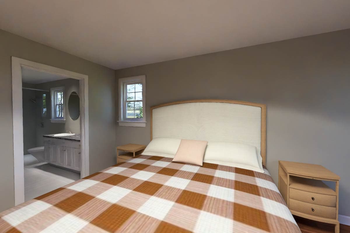 Bedroom interior rendering with bed, nightstands, and doorway to bathroom with vanity and toilet.