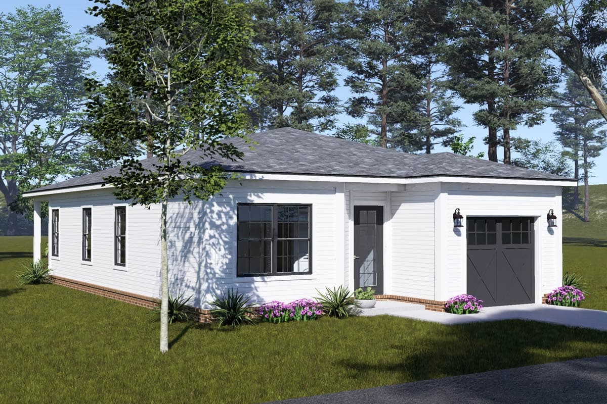 House plan exterior: Modern single-story with a single-car garage, dark-paneled garage door, gable roof, and dark-framed windows.
