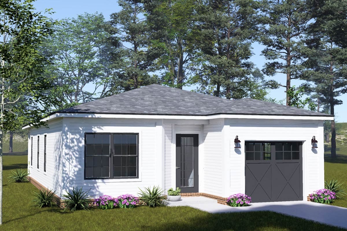 House plan exterior: one-story modern home with a detached garage, dark gray garage door, and multiple windows.