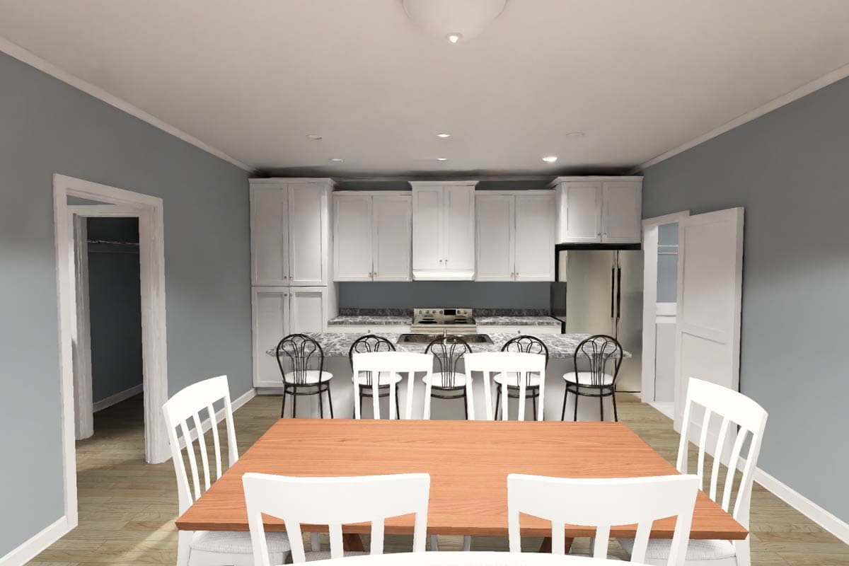 Kitchen and dining area rendering with white cabinets, island with bar stools, and dining table with chairs.