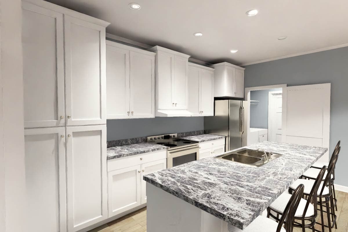 Kitchen rendering featuring white cabinetry, stainless steel appliances, a large island with a double sink, and bar seating.