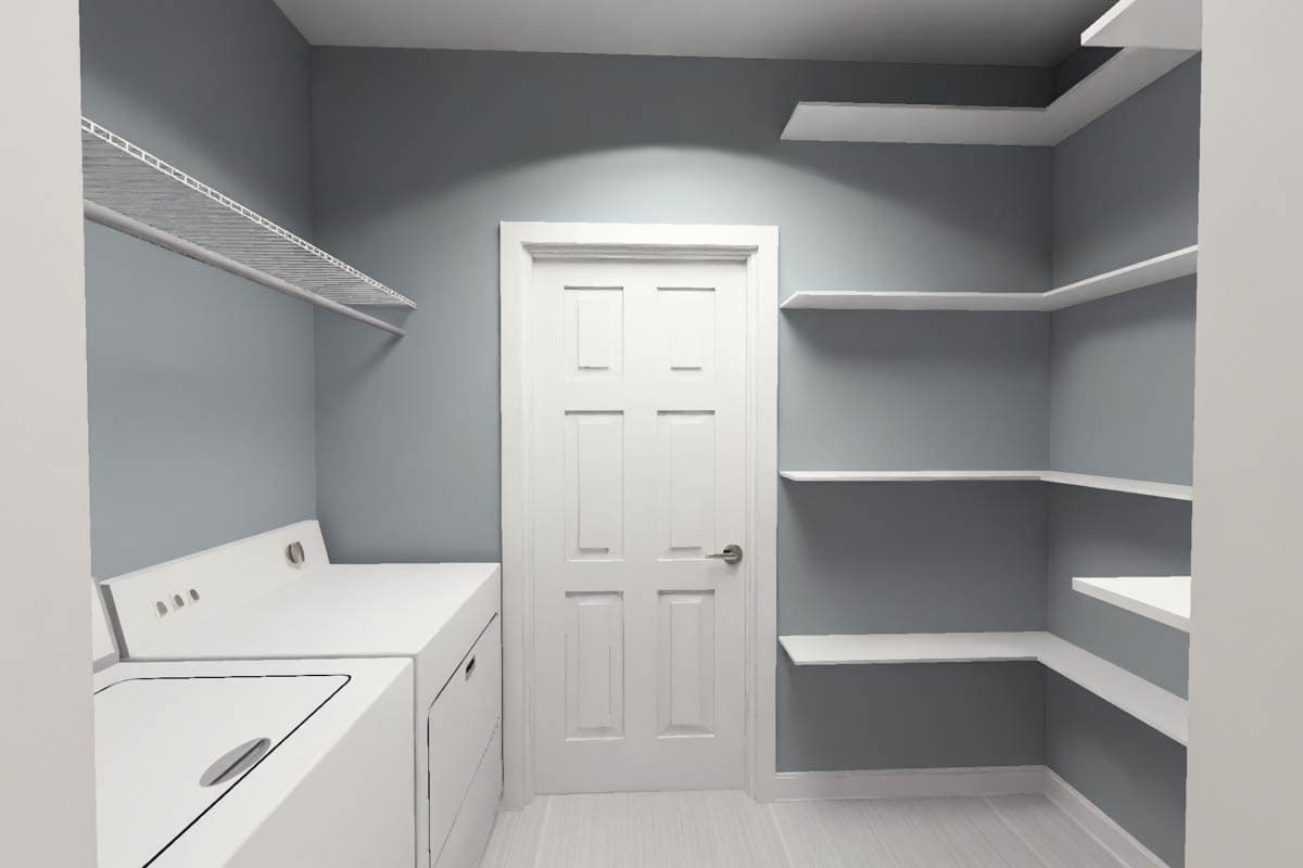 Laundry room interior with white washer and dryer, a paneled door, and multiple wall-mounted shelves.