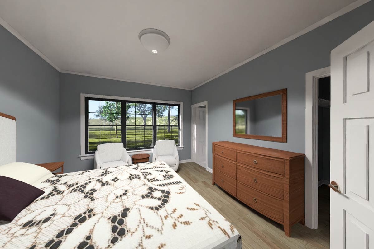 Bedroom rendering with a large window, two armchairs, and a dresser.