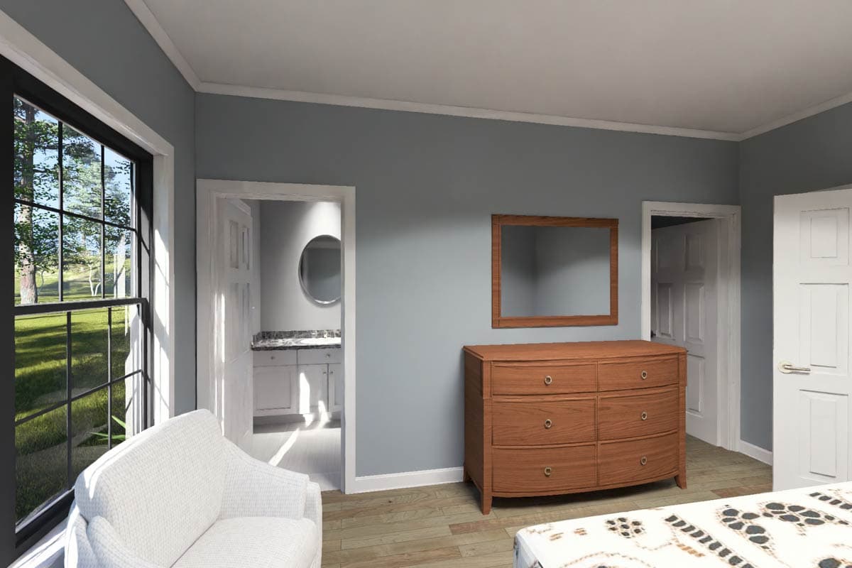 Bedroom rendering with a dresser, a vanity visible through an open doorway, and a large window overlooking a lawn.