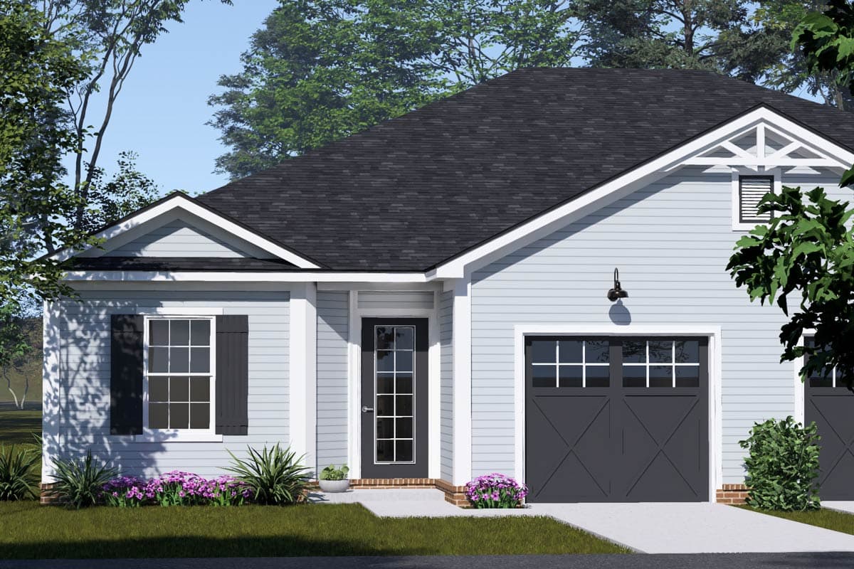 House plan exterior: Single-story home with light blue siding, gable roof, front door, and a two-car garage with dark gray doors.