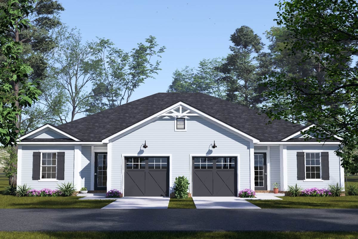 House plan exterior: Single-story dwelling with paired garage doors, gabled front, and porch entryways.