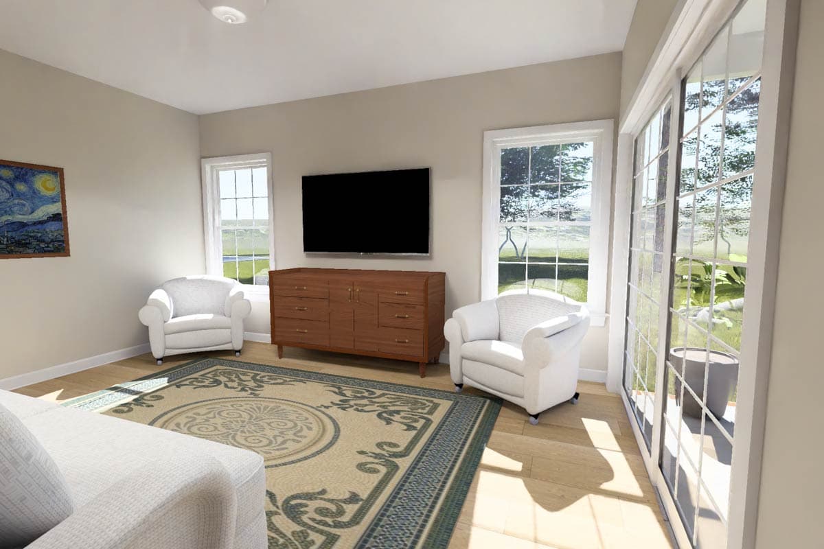Living room rendering with two white armchairs, a wooden dresser with a TV, a patterned rug, and large glass doors.