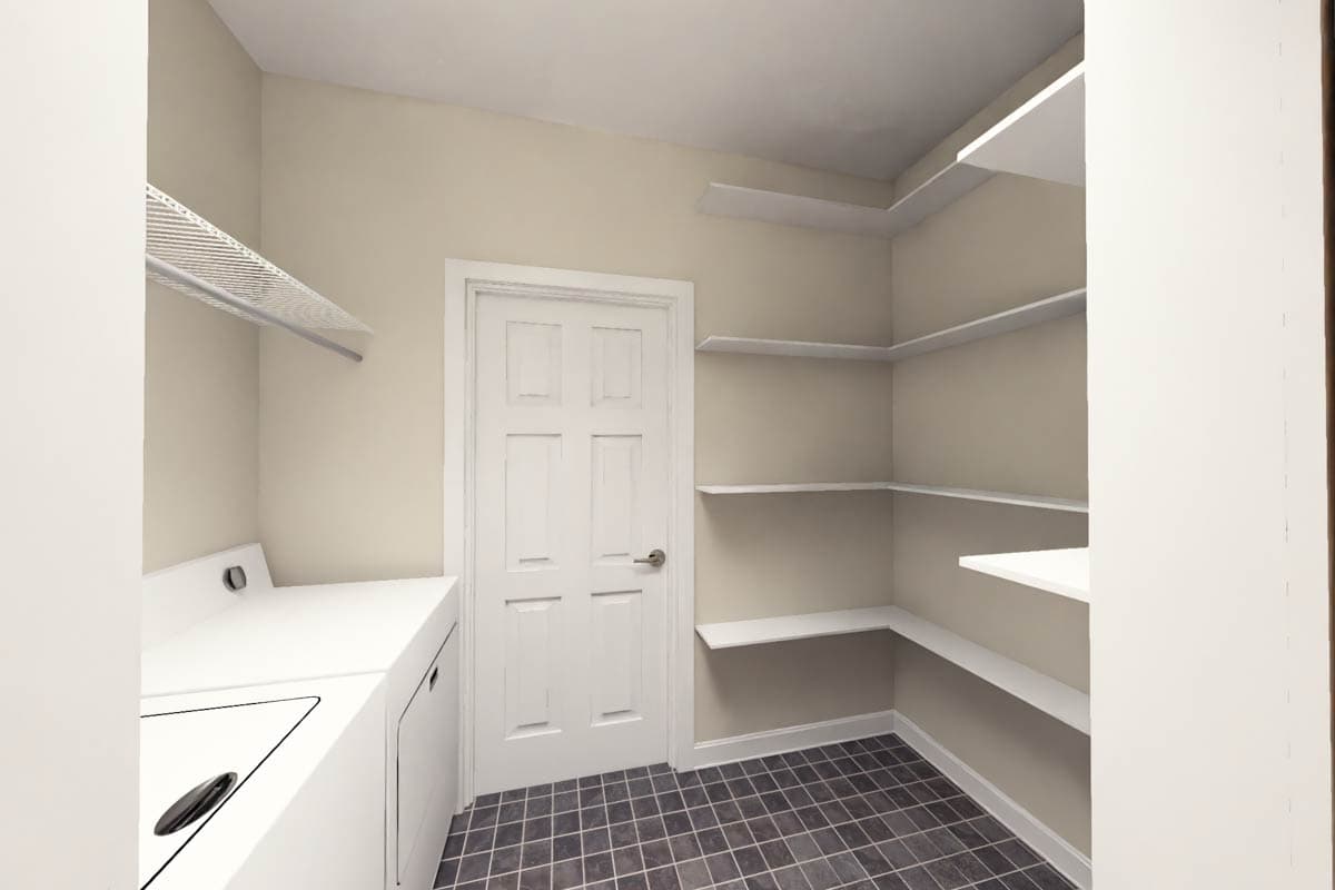 House plan laundry room with washer, dryer, shelving, and paneled door.