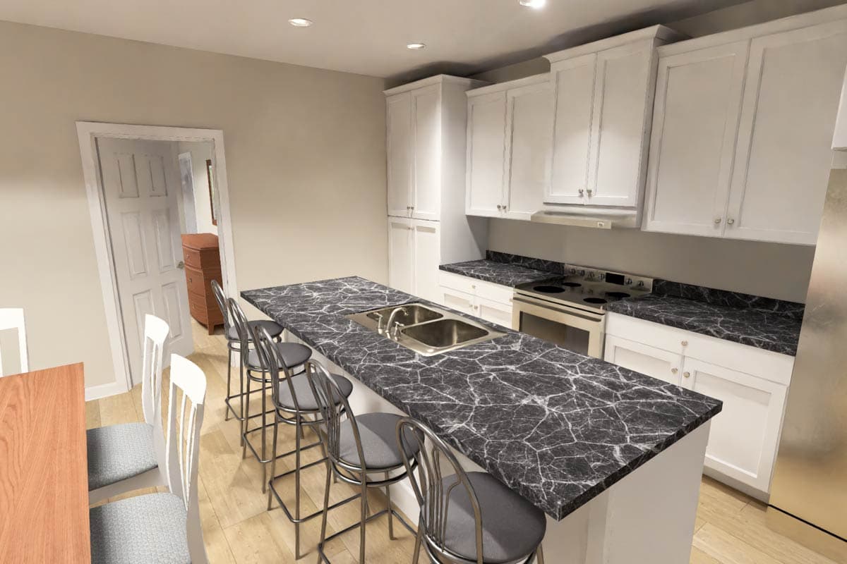 Kitchen with island, stainless steel sink, white cabinets, stovetop, and seating for four at the counter.