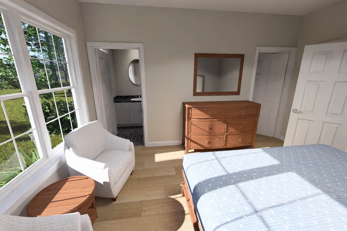 Bedroom with large casement windows, a dresser, and an en-suite bathroom with vanity and mirror.