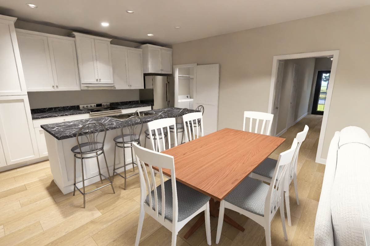 Kitchen and dining area with white cabinets, island with bar stools, wooden dining table, and chairs.