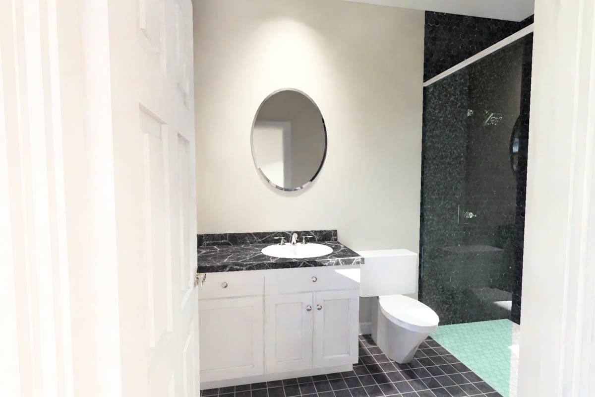 Bathroom with white vanity, marble countertop, oval mirror, toilet, and dark tile shower with hex tile accent.