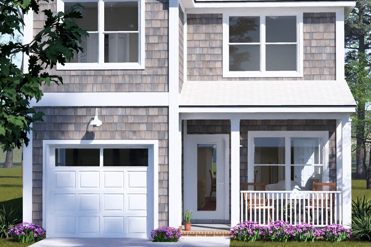 House plan exterior: Two-story home with shingle siding, garage, covered front porch with white railings, and multiple windows.