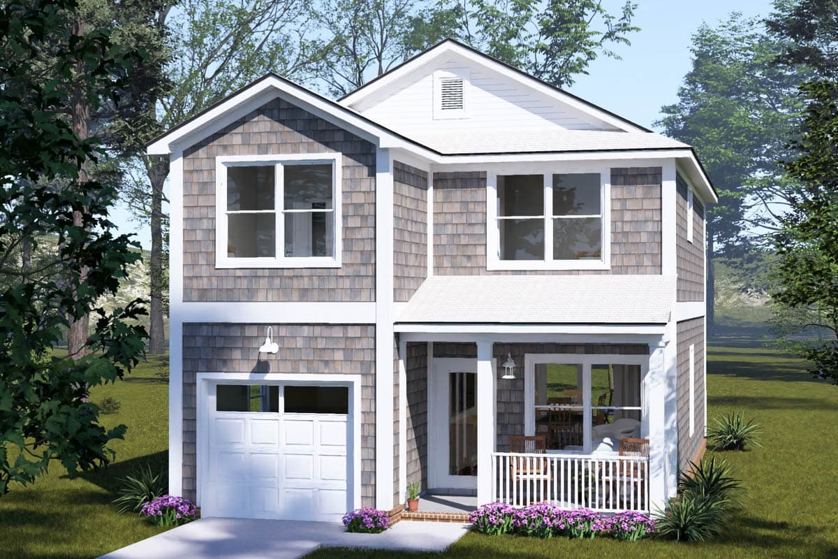 House plan exterior: Two-story home with shingle siding, covered porch with white railing, and attached one-car garage.