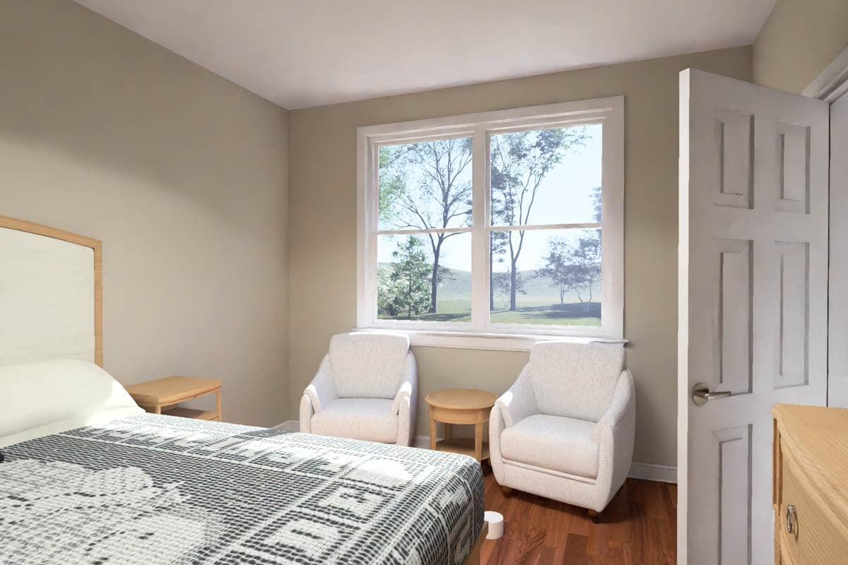 Interior rendering of a bedroom with a bed, two chairs, a window with a view of trees and hills, and a closed door.