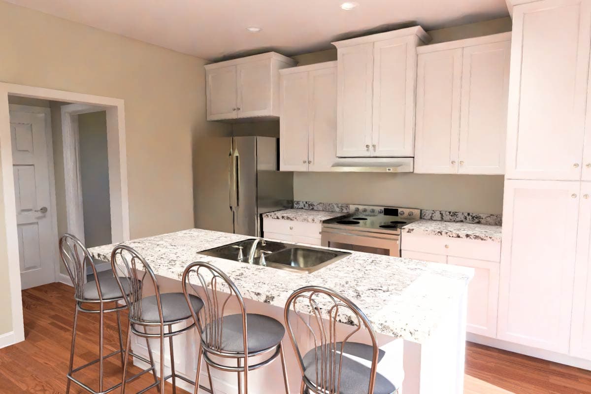 Kitchen rendering with island sink, bar seating, stainless steel appliances, and white cabinetry.