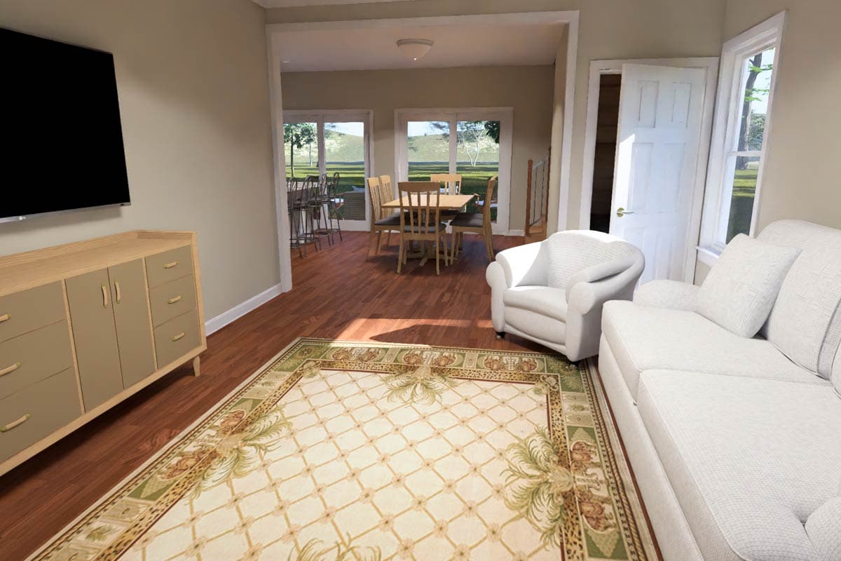 Rendering of a living and dining area with hardwood floors, a sectional sofa, armchairs, dining table, and bar seating.