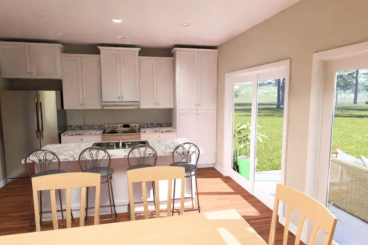 Rendering of a kitchen with white cabinets, granite countertops, island with bar seating, and dining area.