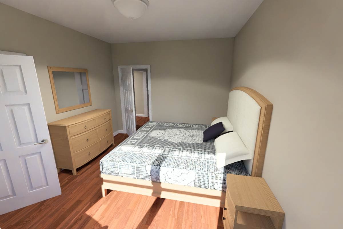 Bedroom with queen bed, dresser, mirror, and doorway to another room. Wooden floors and trim.