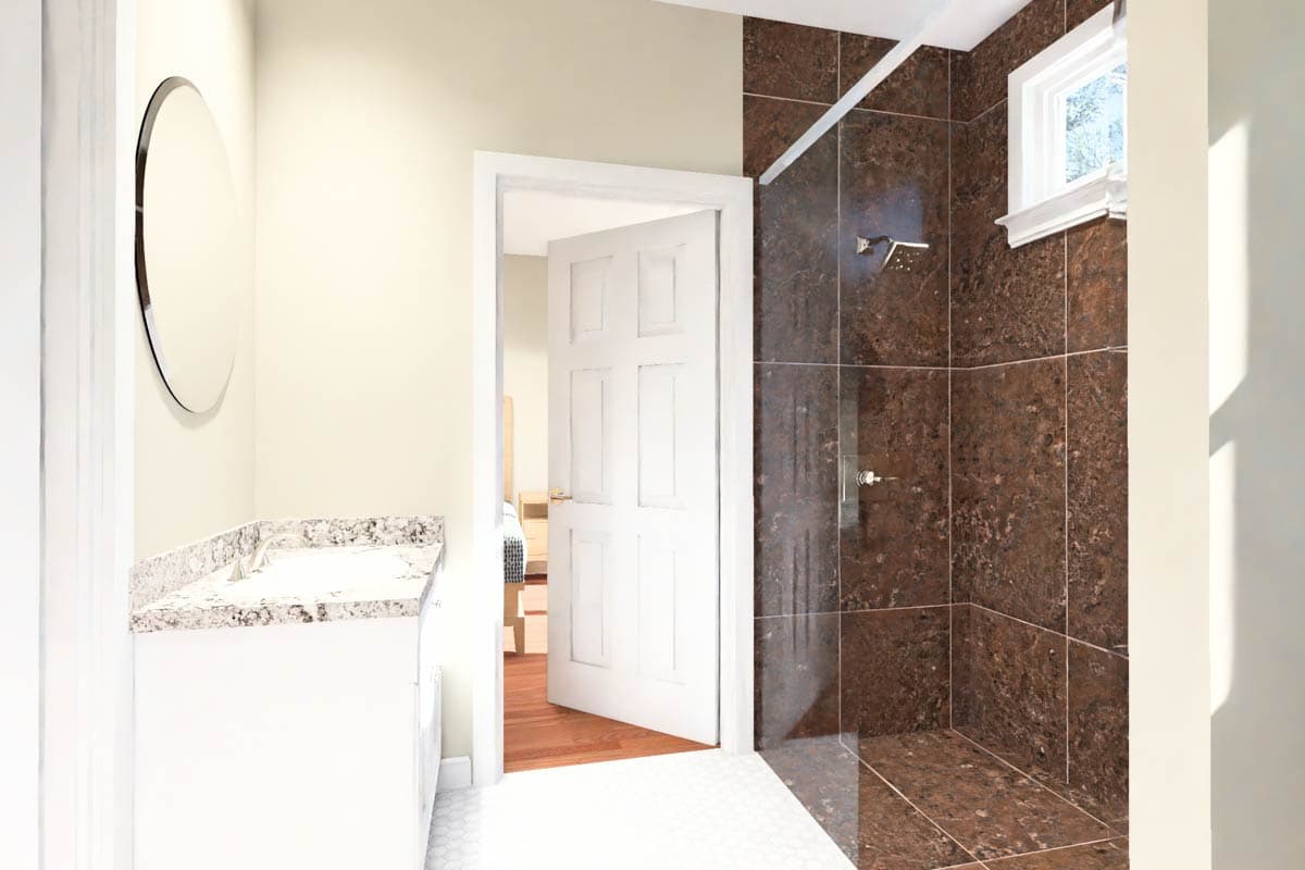 Bathroom rendering with white vanity, granite countertop, oval mirror and tiled shower with window.